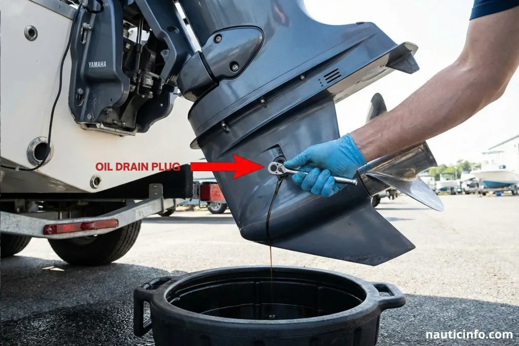 Draining Old Fluid During the 4-Stroke Outboard Oil Change
